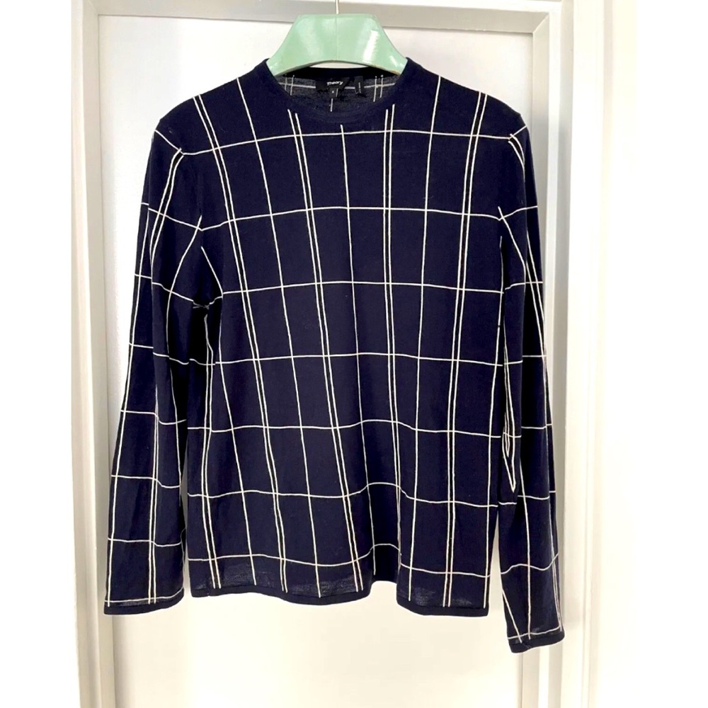 Theory Navy Lightweight Soft Wool Sweater w White Lines Sz Small